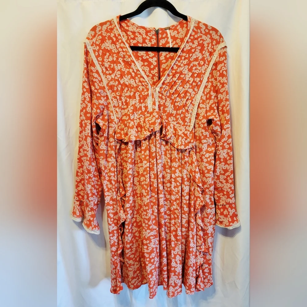 FREE PEOPLE Orange Floral Ruffle Dress Size Large - Picture 5 of 7